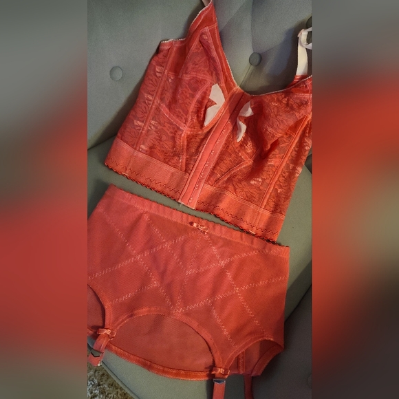 Vintage Inspired Hand-Dyed Pink Corset and Garter Set Med/Large - Picture 2 of 5